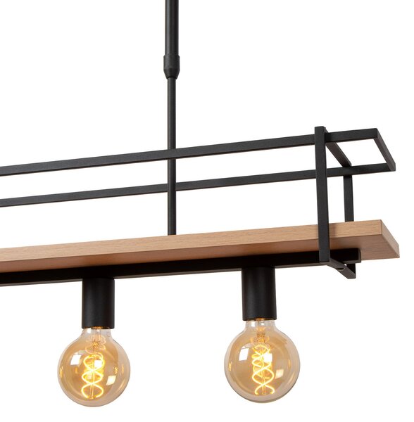 Lucide Lampă suspendată Milonga, negru, lungime 100 cm, metal/lemn, reglabil, Negru, Camera de zi / sufragerie, Metal, Modern