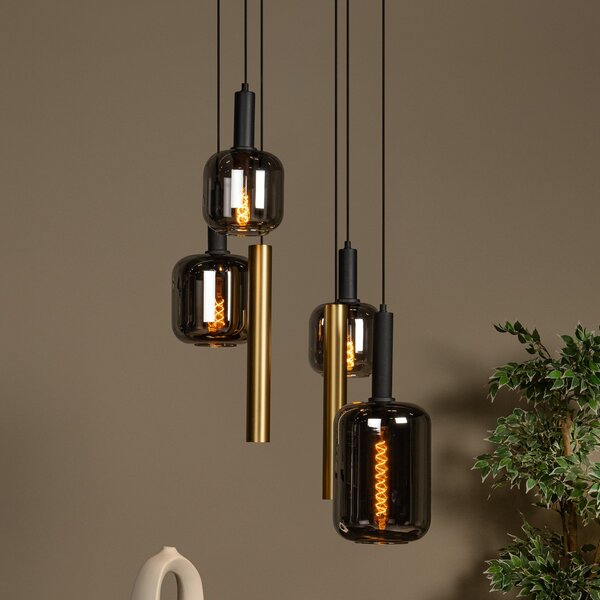 Lucide Lampă suspendată Joanet, Ø 65 cm, fum/alamă Sticlă/metal 6 becuri., reglabil, Gri, Camera de zi / sufragerie, Sticlă, Pandantive la pachet