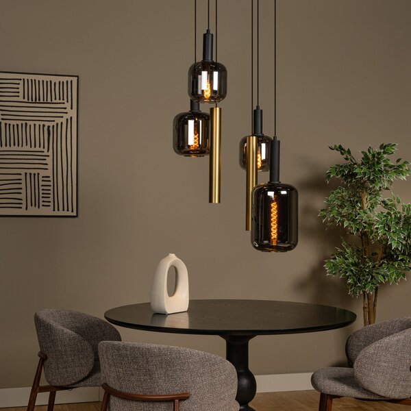 Lucide Lampă suspendată Joanet, Ø 65 cm, fum/alamă Sticlă/metal 6 becuri., reglabil, Gri, Camera de zi / sufragerie, Sticlă, Pandantive la pachet