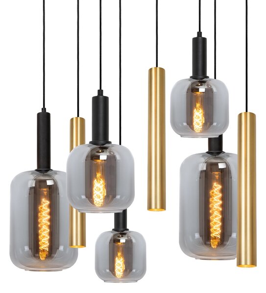 Lucide Lampă suspendată Joanet, lungime 130 cm, fum/alamă, sticlă, 9 becuri., reglabil, Gri, Camera de zi / sufragerie, Sticlă