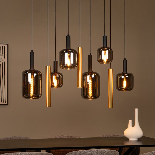 Lucide Lampă suspendată Joanet, lungime 130 cm, fum/alamă, sticlă, 9 becuri., reglabil, Gri, Camera de zi / sufragerie, Sticlă