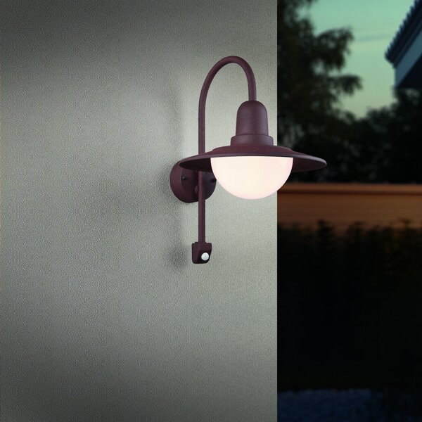 Trio Lighting Lampă de exterior cu senzor NORMAN, rugină, Ø 30 cm metal/sticlă IP44, reglabil, Maro / Rugină, Aluminiu, Perete rotund
