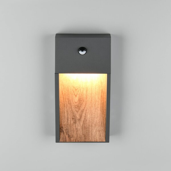 Trio Lighting Lampă de exterior cu senzor LED SALMON, aspect lemn, înălțime 33 cm IP44, Lemn, Aluminiu, Modern, Soclu de perete jos