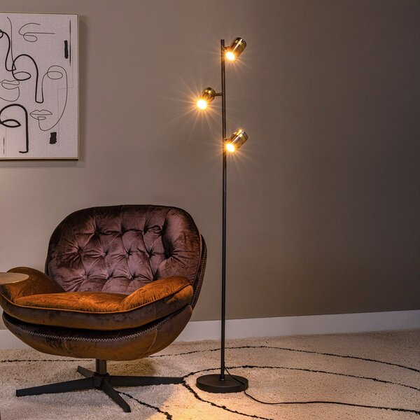 Lucide Lampadar Upton, înălțime 154 cm, negru/gri fum, 3 becuri., Negru, Camera de zi / sufragerie, Sticlă, Modern