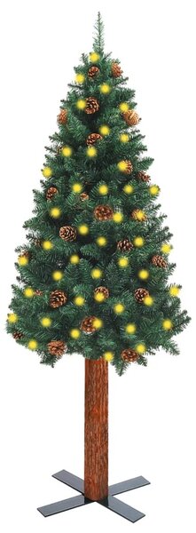Pom Crăciun subțire, LED-uri&lemn natural&conuri, verde, 210 cm