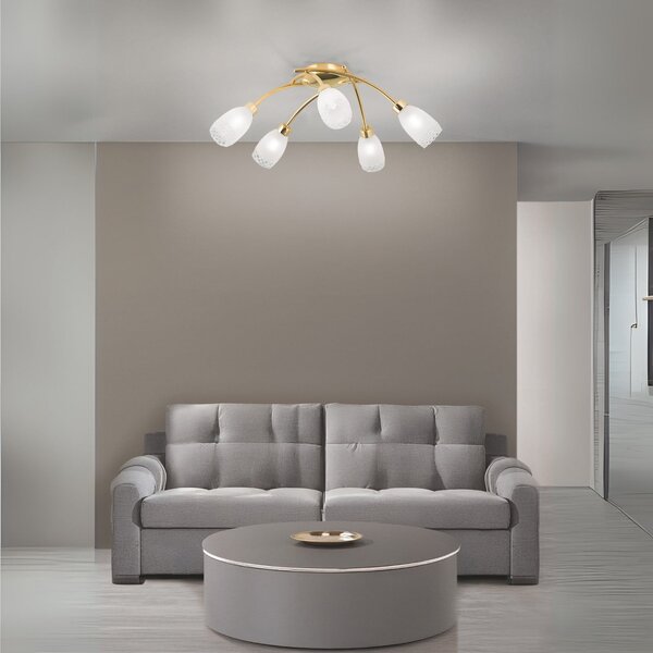 ORION Plafonieră CARLA, culoare alamă, Ø 60 cm metal/sticlă 5 becuri., reglabil, Auriu / Alamă, Camera de zi / sufragerie, Metal, Antichitate, Plafon semicircular cu spațiere