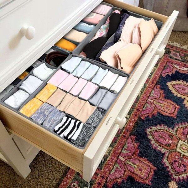 Organizator pliabil pentru sertar, 24 compartimente, 32.5 x 32.5 cm, textil, gri