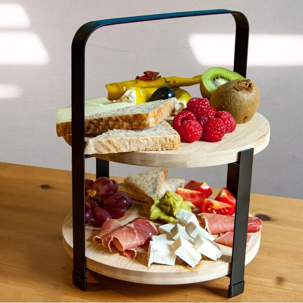 Fructiera etajata cu 2 nivele din bambus si metal, pentru prajituri, torturi, fructe, aperitive, 25 x 21.5 cm