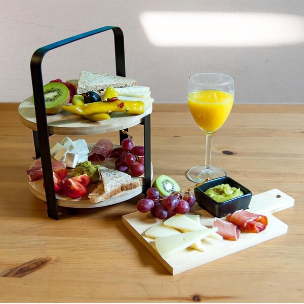 Fructiera etajata cu 2 nivele din bambus si metal, pentru prajituri, torturi, fructe, aperitive, 25 x 21.5 cm