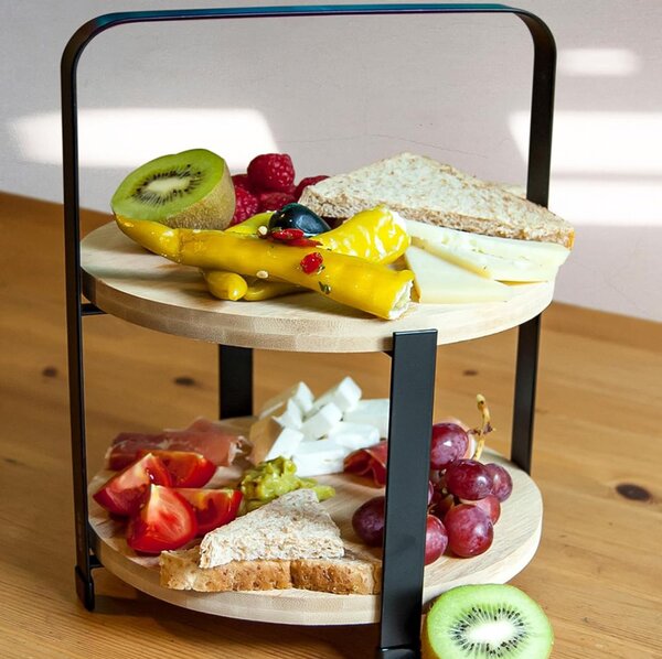 Fructiera etajata cu 2 nivele din bambus si metal, pentru prajituri, torturi, fructe, aperitive, 25 x 21.5 cm