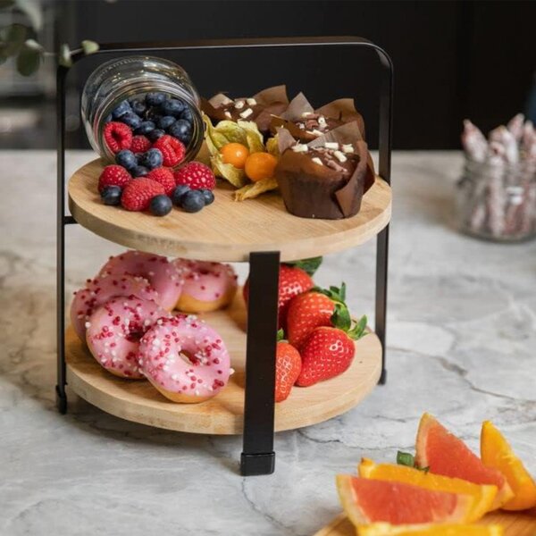 Fructiera etajata cu 2 nivele din bambus si metal, pentru prajituri, torturi, fructe, aperitive, 25 x 21.5 cm