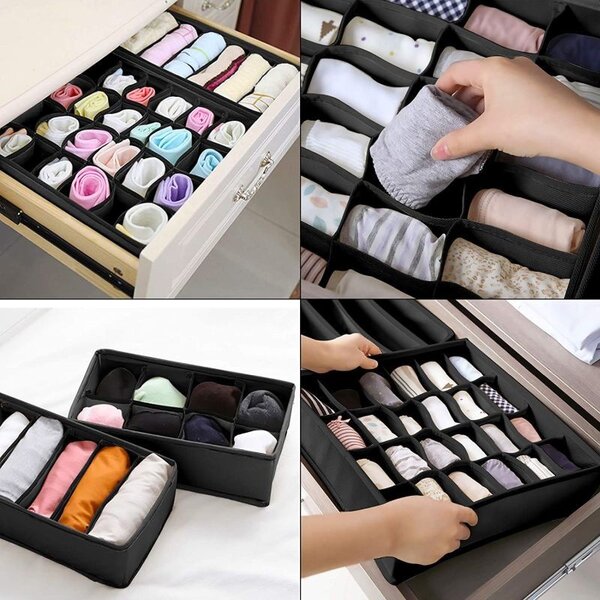 Organizator pliabil pentru sertar, 24 compartimente, 32.5 x 32.5 cm, textil, gri