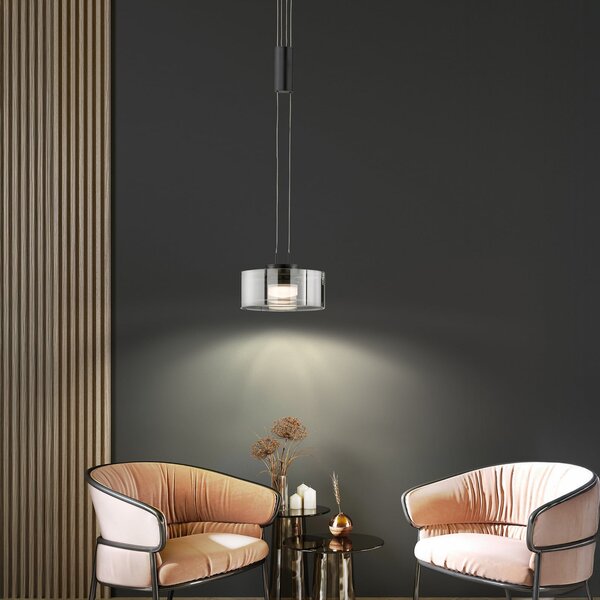 FISCHER & HONSEL Lampă suspendată LED LAVIN, negru/fum, Ø 20 cm metal/sticlă dimabil, reglabil, Gri, Camera de zi / sufragerie, Metal, Modern