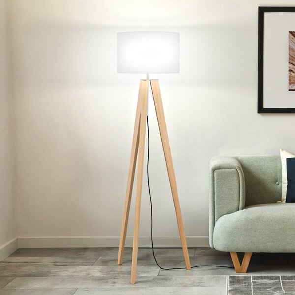 FISCHER & HONSEL Lampadar SHINE-WOOD, alb/nichel/stejar, înălțime 164 cm 3 x E27, Alb, Camera de zi / sufragerie, Țesătură / Textil, Tripod