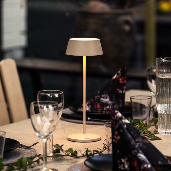 Konstsmide Lampă de masă cu LED și baterie Menton, culoare nisip, înălțime 27 cm, IP54, USB, reglabil, Bej, Camera de zi / sufragerie, Metal, Modern