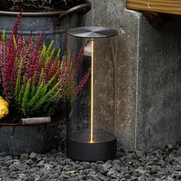 Konstsmide Lampa de masă cu LED și baterie Edison, înălțime 32 cm, gri/transparentă, IP54, reglabil, Transparent, Camera de zi / sufragerie, Plastic, Modern