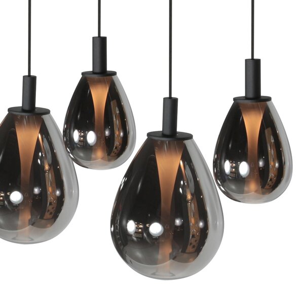 Mexlite Lampă suspendată LED Glimsy, 115 cm, sticlă neagră/gri fum, 5 becuri., reglabil, Gri, Camera de zi / sufragerie, Sticlă