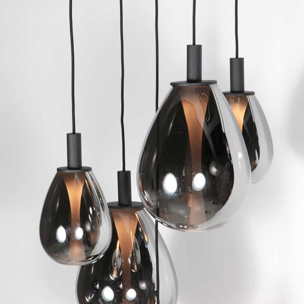 Mexlite Lampă suspendată LED Glimsy, Ø 40 cm negru/gri fum sticlă 5 becuri., reglabil, Gri, Camera de zi / sufragerie, Sticlă