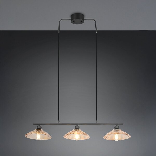 Reality Leuchten Lampă suspendată Eluna, chihlimbar/negru, 100 cm, sticlă/metal, 3 becuri., reglabil, Negru, Camera de zi / sufragerie, Metal