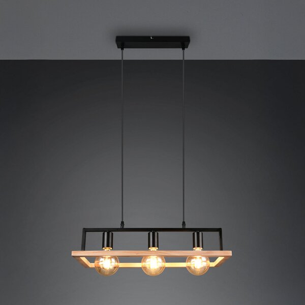 Reality Leuchten Lampă suspendată Bano, lemn/negru, lungime 58 cm, metal, 3 becuri., reglabil, Negru, Camera de zi / sufragerie, Metal, Modern