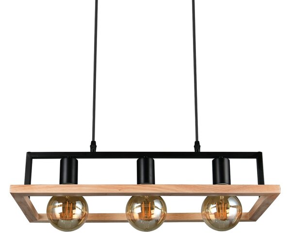 Reality Leuchten Lampă suspendată Bano, lemn/negru, lungime 58 cm, metal, 3 becuri., reglabil, Negru, Camera de zi / sufragerie, Metal, Modern