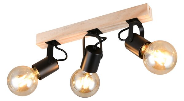 Reality Leuchten Plafonieră Lynar, negru, lemn, metal, lungime 42 cm, 3 becuri., reglabil, Negru, Camera de zi / sufragerie, Metal, Modern, Plafon cu flacără multiplă