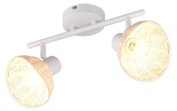 Reality Leuchten Plafonieră Calvi, albă, ratan natural, lungime 40 cm, 2 becuri., reglabil, Alb, Camera de zi / sufragerie, Metal, Plafon cu flacără multiplă