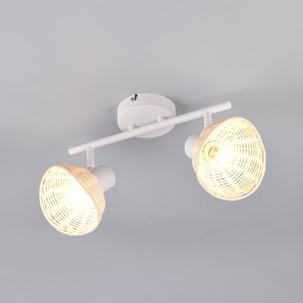 Reality Leuchten Plafonieră Calvi, albă, ratan natural, lungime 40 cm, 2 becuri., reglabil, Alb, Camera de zi / sufragerie, Metal, Plafon cu flacără multiplă