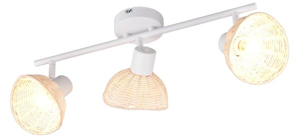 Reality Leuchten Plafonieră Calvi, albă, ratan natural, lungime 59 cm, 3 becuri., reglabil, Alb, Camera de zi / sufragerie, Metal, Plafon cu flacără multiplă