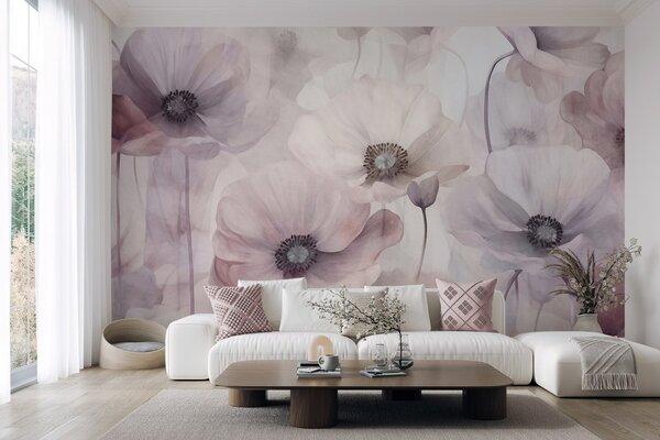 Tapet Maci de culoare roz pal și albi, cu petale delicate, Fototapet Flori, w10029v1 : Uwalls.ro