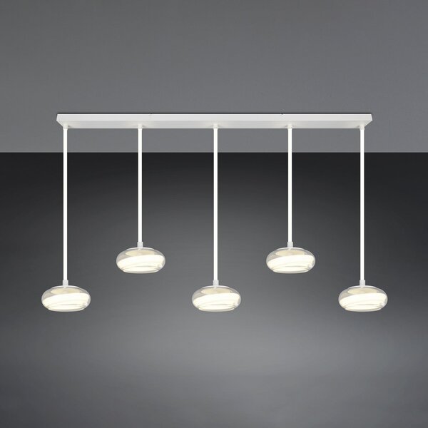 Trio Lighting Lampă suspendată LED Tarsia, alb mat, lungime 161 cm, sticlă, 5 becuri., reglabil, Alb, Camera de zi / sufragerie, Sticlă, Modern