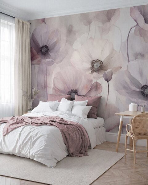 Tapet Maci de culoare roz pal și albi, cu petale delicate, Fototapet Flori, w10029v1 : Uwalls.ro
