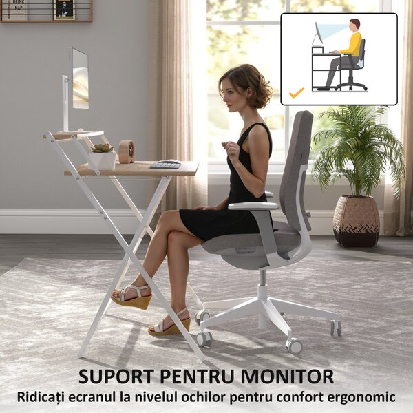 Birou HOMCOM pliant compact, suport monitor, lemn natural | Aosom Romania