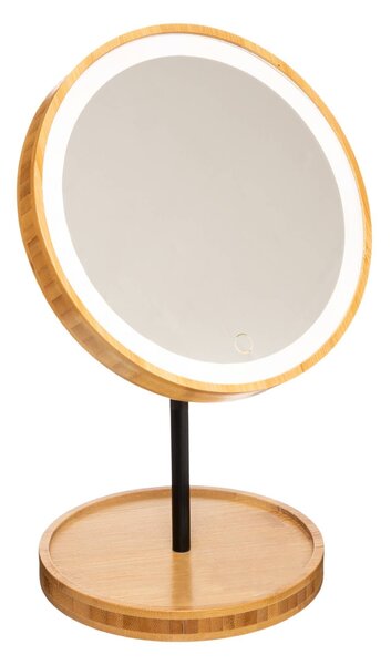 Oglindă cosmetică cu LED, rotundă, din bambus