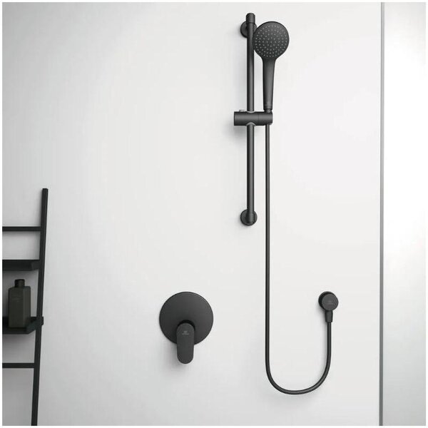 Set de duș Ideal Standard, Idealrain Soft, cu pară, bară de duș și furtun, negru mat