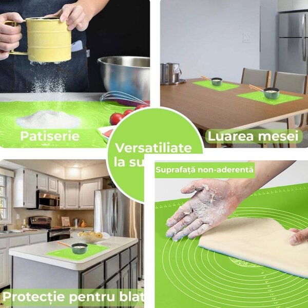 Plansa modelatoare din silicon pentru masurat, rulat sau framantat aluat de patiserie, cofetarie, brutarie, 50 x 40 cm, verde