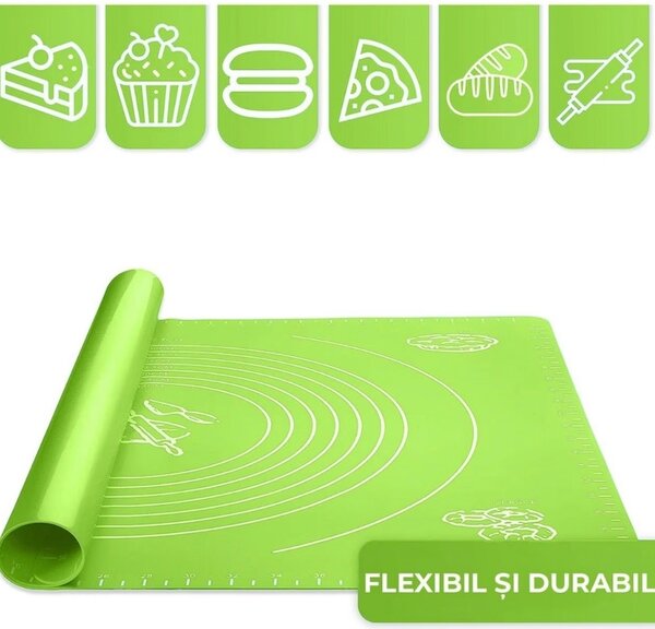 Plansa modelatoare din silicon pentru masurat, rulat sau framantat aluat de patiserie, cofetarie, brutarie, 50 x 40 cm, verde