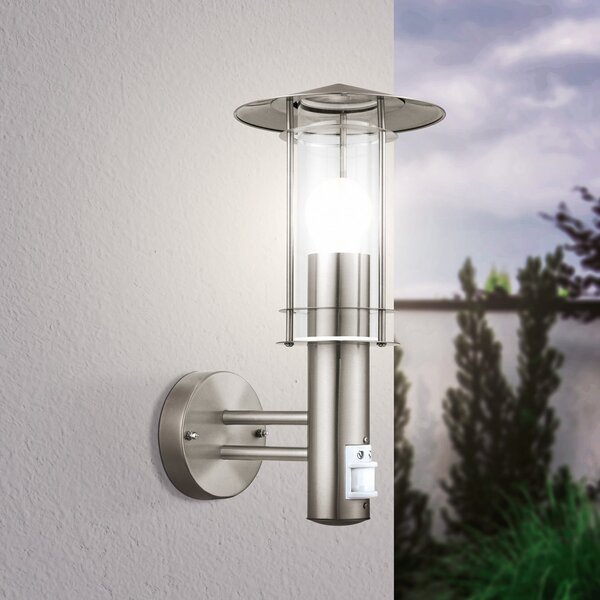 EGLO Lampă de exterior Lisio, culoare oțel inoxidabil, înălțime 36 cm, senzor, Metalic, Sticlă