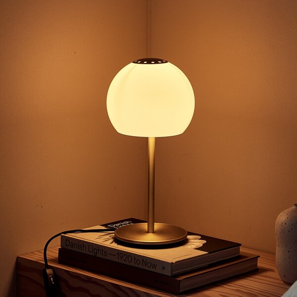 FRANDSEN Lampa de masă Ball Glass, gri nisip, sticlă, 37 cm, E14, Bej, Camera de zi / sufragerie, Sticlă, Design