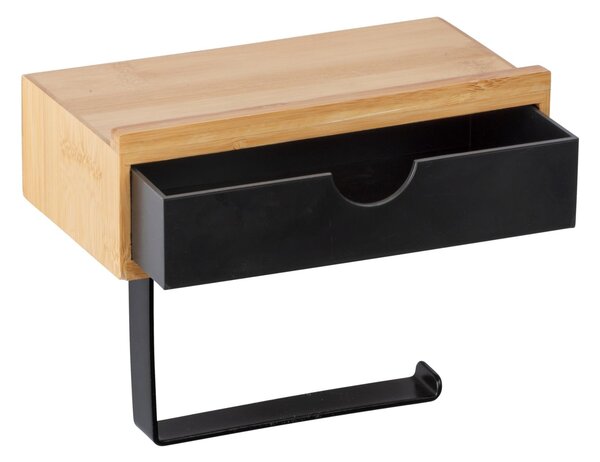 Suport role pentru toaleta BAMBOO cu sertar din bambus, negru, Wenko