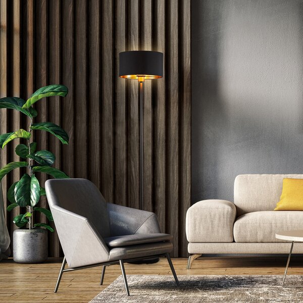 B.K. Licht Lampadar Kari, dreaptă, negru/auriu, textil, E27, Negru, Camera de zi / sufragerie, Țesătură / Textil, Modern