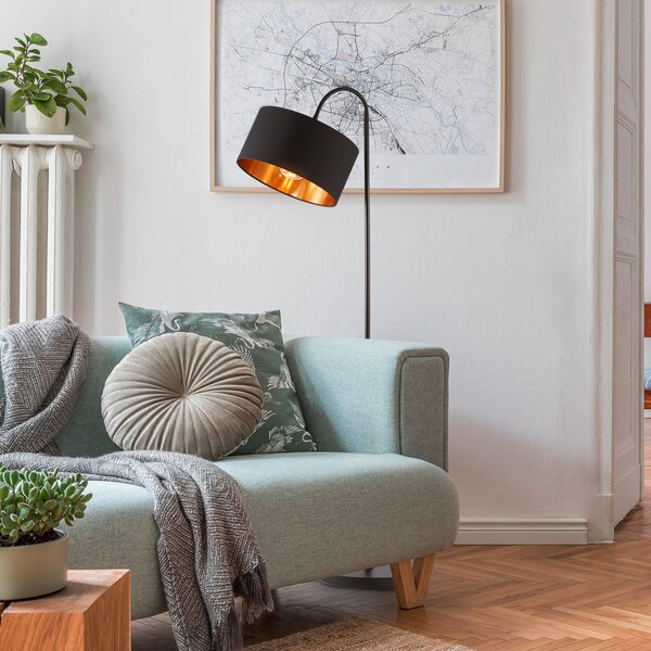 B.K. Licht Lampadar Kari, curbat, negru/auriu, textil, E27, Negru, Camera de zi / sufragerie, Țesătură / Textil, Modern