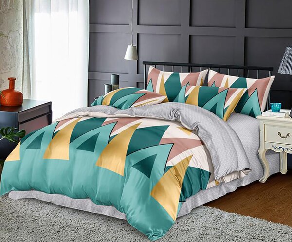 Lenjerie de pat pentru o persoana cu husa elastic pat si fata perna dreptunghiulara, Bard, bumbac mercerizat, multicolor
