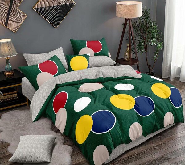 Lenjerie de pat pentru o persoana cu husa elastic pat si 2 fete perna dreptunghiulara, Adisa, bumbac mercerizat, multicolor