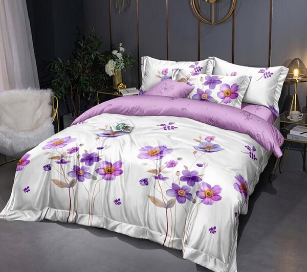 Lenjerie de pat pentru o persoana cu husa elastic pat si fata perna dreptunghiulara, Eolande, bumbac mercerizat, multicolor