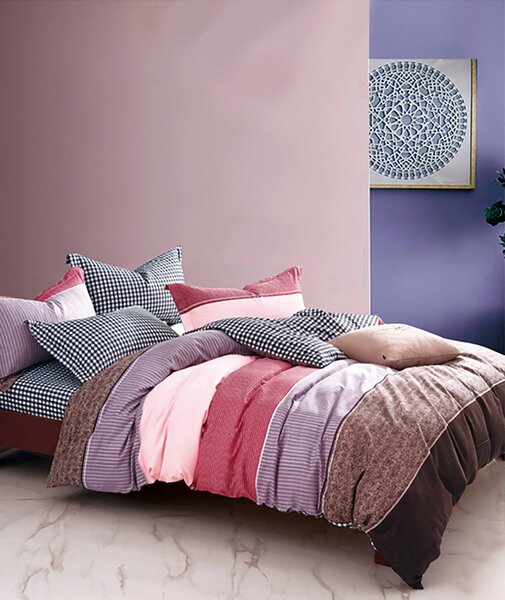 Lenjerie de pat pentru o persoana cu husa elastic pat si 2 fete perna dreptunghiulara, Zdenka, bumbac mercerizat, multicolor