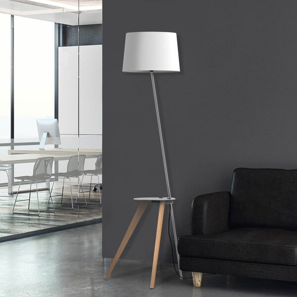 Aluminor Trio lampadar cu poliță și USB, Lemn, Camera de zi / sufragerie, Lemn, Modern
