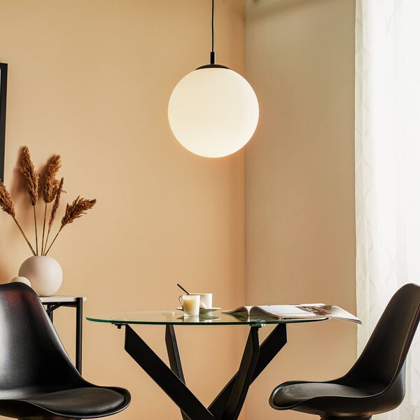 ALDEX Lampă suspendată 562, sticlă mată, capac/baldachin negru, reglabil, Alb, Camera de zi / sufragerie, Sticlă, Modern, glob