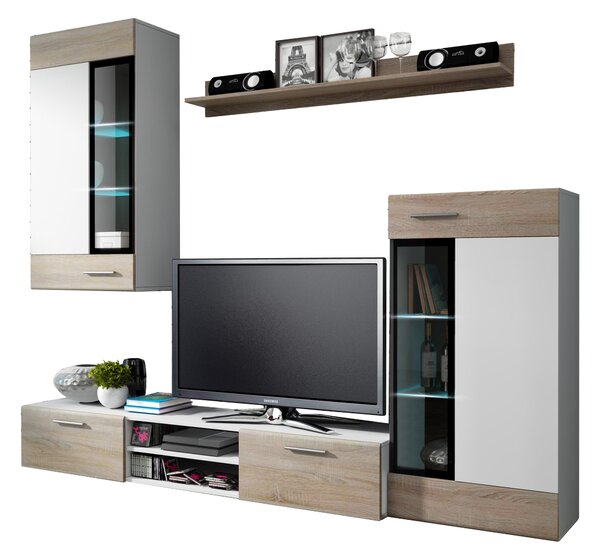 Mobilier living Tallington (Alb + Stejar sonoma) (fără iluminat). Promo -20%. 610008