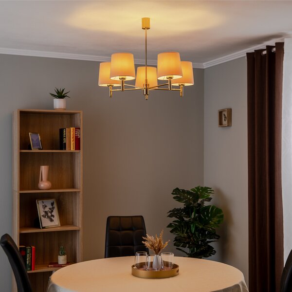 Argon Candelabru Polo, 5 becuri, bej/alamă închisă, reglabil, Bej, Camera de zi / sufragerie, Țesătură / Textil